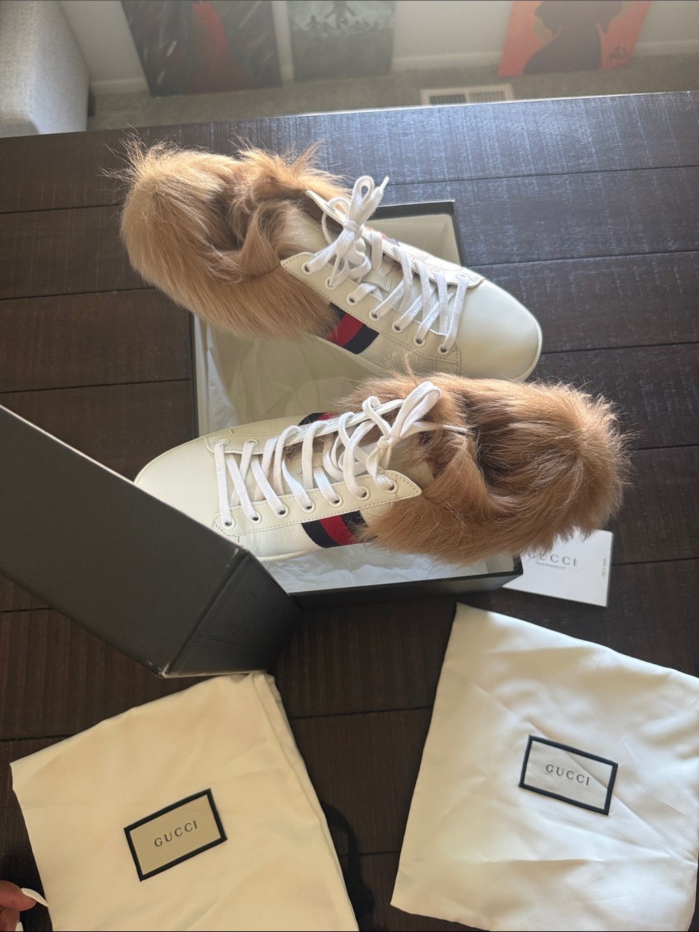 Gucci White Leather Sneakers with Brown Fur and Red-Green Web